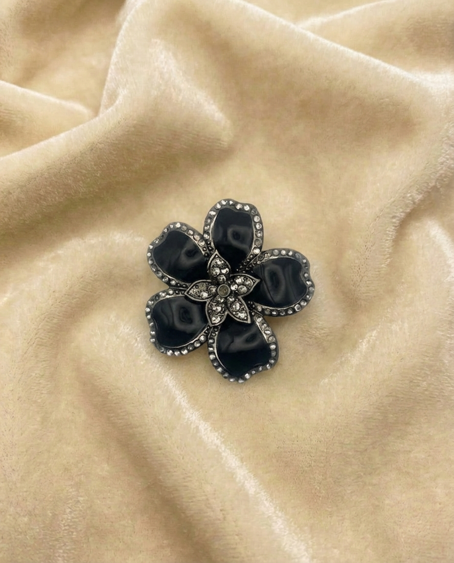 Vintage Black Enamel Flower Brooch