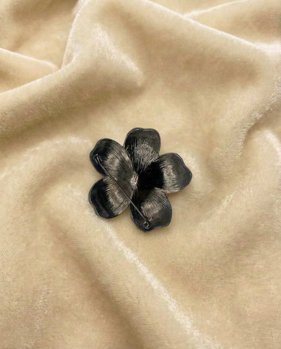 Vintage Black Enamel Flower Brooch