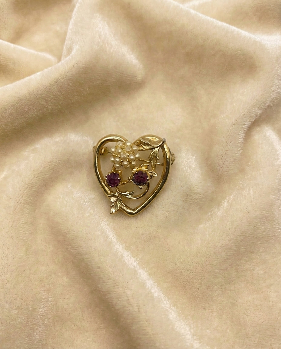 Vintage Heart Amethyst and Pearl Brooch